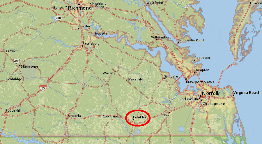 the City of Franklin is near the North Carolina border (a separate jurisdiction, Franklin County, is in the Blue Ridge)