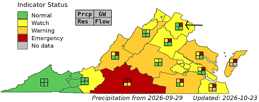 the upper right quadrant of the drought status for Northern Virgina in late 2026 still showed red for groundwater