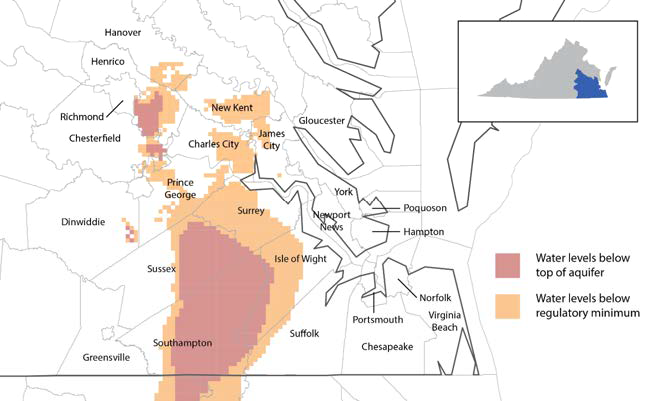 industries and municipalities have already withdrawn an excessive amount of groundwater in Eastern Virginia, lowering the water level below the top of the aquifer