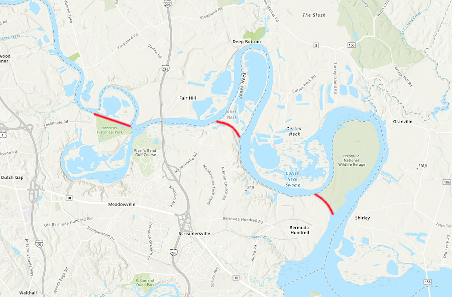 the James River today has three canals upstream of Bermuda Hundred