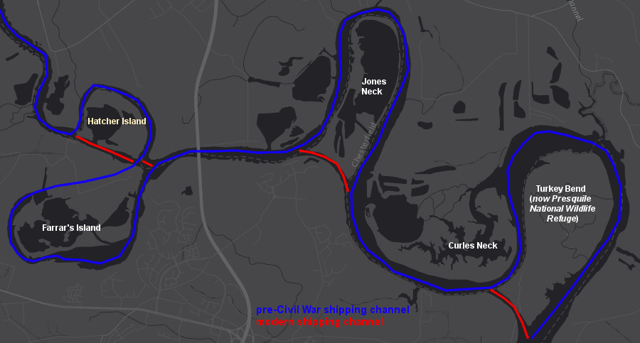 new shipping channels were cut through old meanders downstream of Richmond after the Civil War, and the Dutch Gap Canal created Farrar's Island