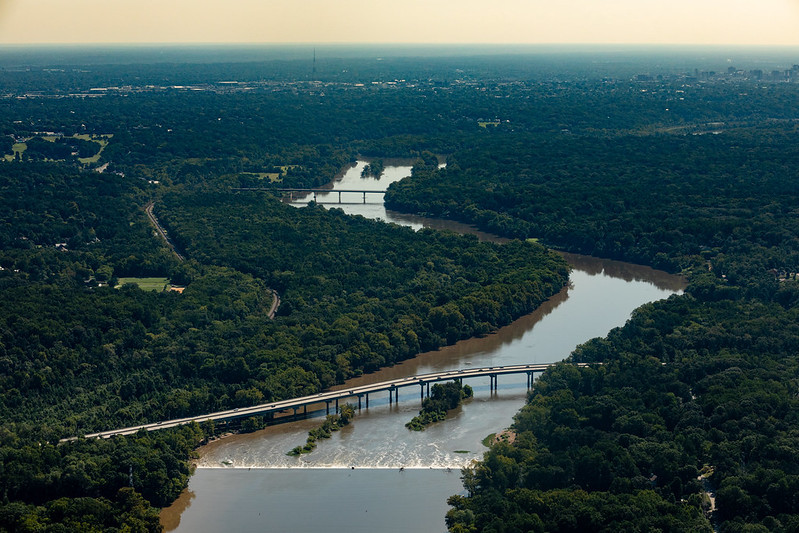 looking downstream from Bosher's Dam towards Chippenham Parkway and Huguenot Bridge