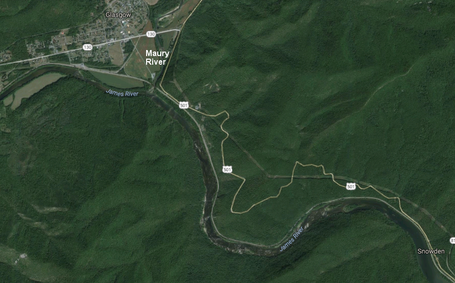 the confluence of the Maury and James rivers is at Glasgow, just upstream of where the James River cuts through the Blue Ridge at Balcony Falls