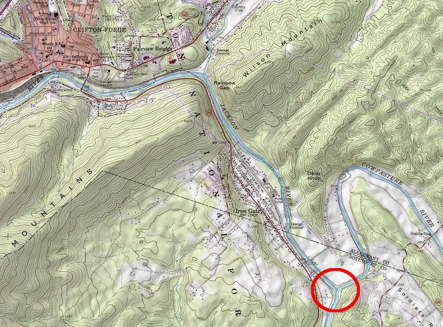 the James River headwaters is at the confluence of the Cowpasture and Jackson rivers