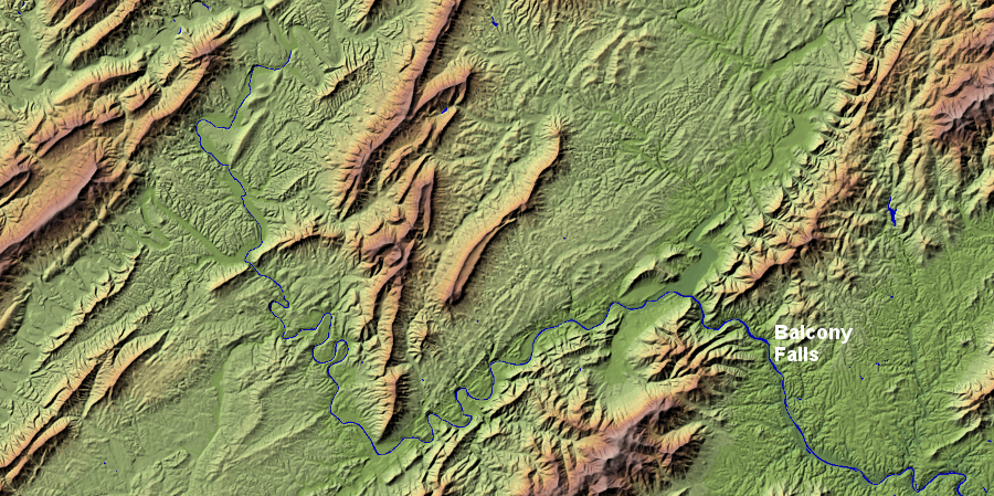 between its headwaters near Iron Gate and its passage through the Blue Ridge at Balcony Falls, the James River crosses the Valley and Ridge physiographic province