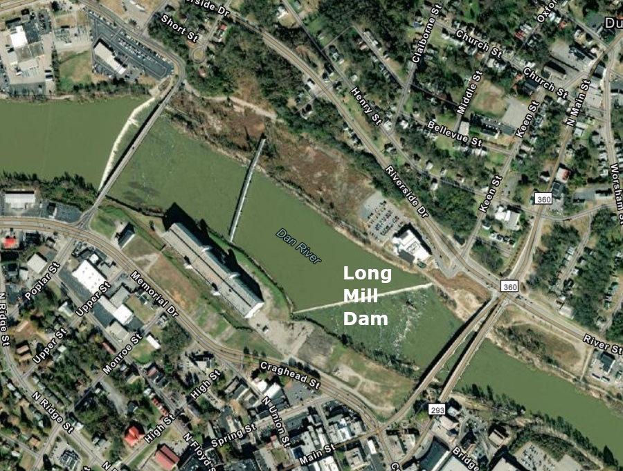 Long Mill Dam on the Dan River is 5-feet high and 1,144-feet long