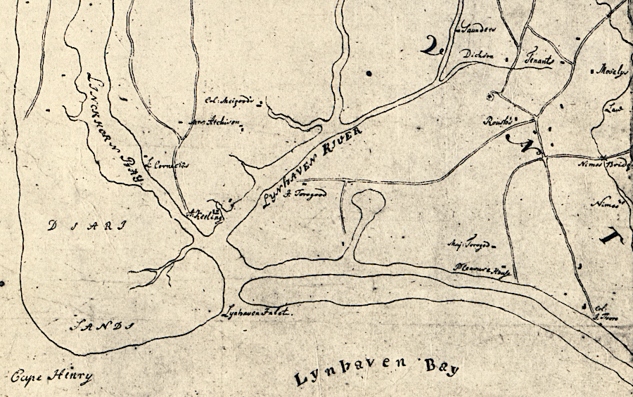 Lynnhaven River in the 1780's  (NOTE: oriented with north at bottom of image)