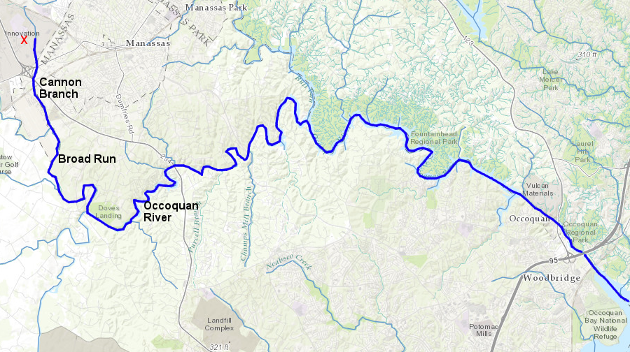 water running off GMU's Prince William campus (red X) flows into Cannon Branch, which flows into Broad Run, and then into the Occoquan River