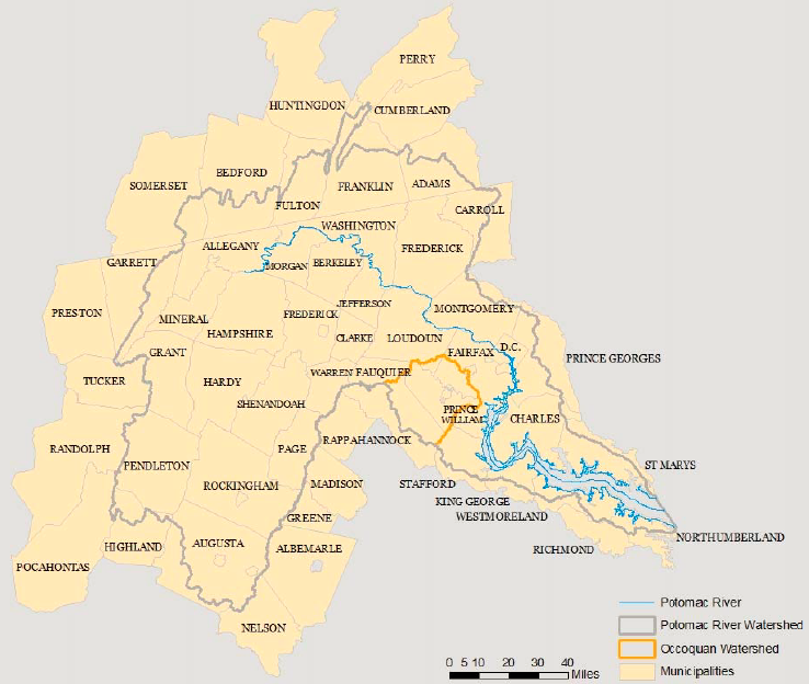 the Occoquan watershed is a subunit within the larger Potomac River watershed, and the Potomac River watershed is part of the even-larger Chesapeake Bay watershed
