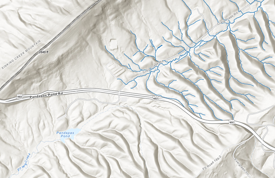 Craig Creek may etch upstream past the watershed divide at US 460 (red circle) and 