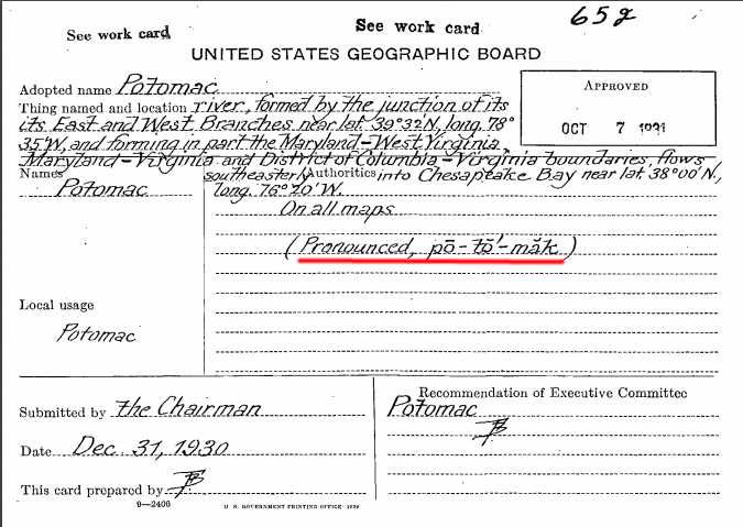the US Board on Geographic Names adopted the official pronunciation of Potomac in 1930