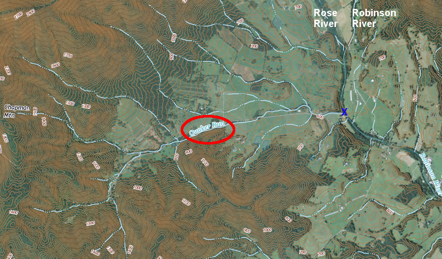 the headwaters of Quaker Run are in the Blue Ridge, its mouth is where it meets the Robinson River, and Quaker Run loses its identify at the confluence (blue X)