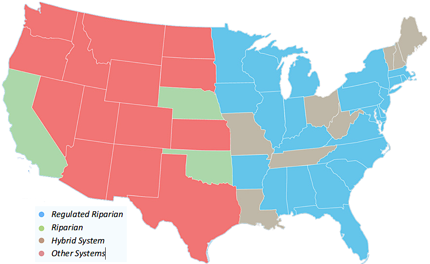 most eastern states have sufficient rainfall and water law is based on riparian rights