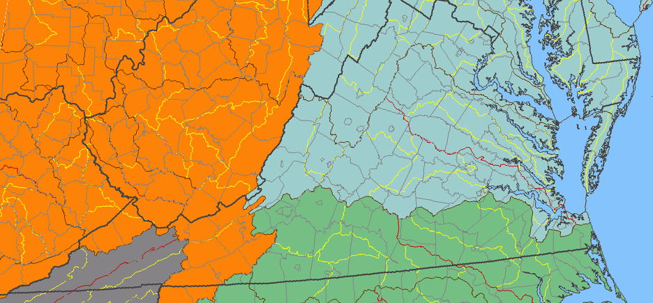 drivers headed west from Virginia Beach on Route 58, parallel to the North Carolina border, will cross four major divides separating the James River, Roanoke River, New River, and Tennessee River watersheds