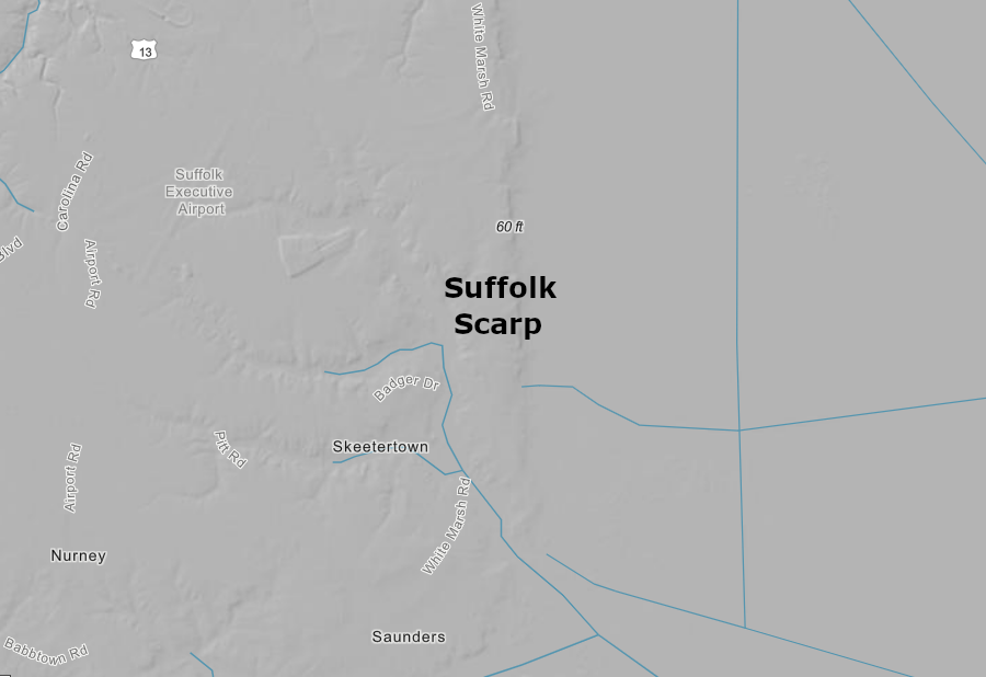 few streams cross the Suffolk Scarp and drain into the Dismal Swamp