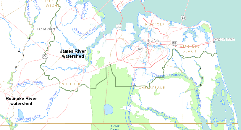 drivers on Route 58 will cross the watershed divide separating James River/Roanoke River watersheds in the City of Suffolk