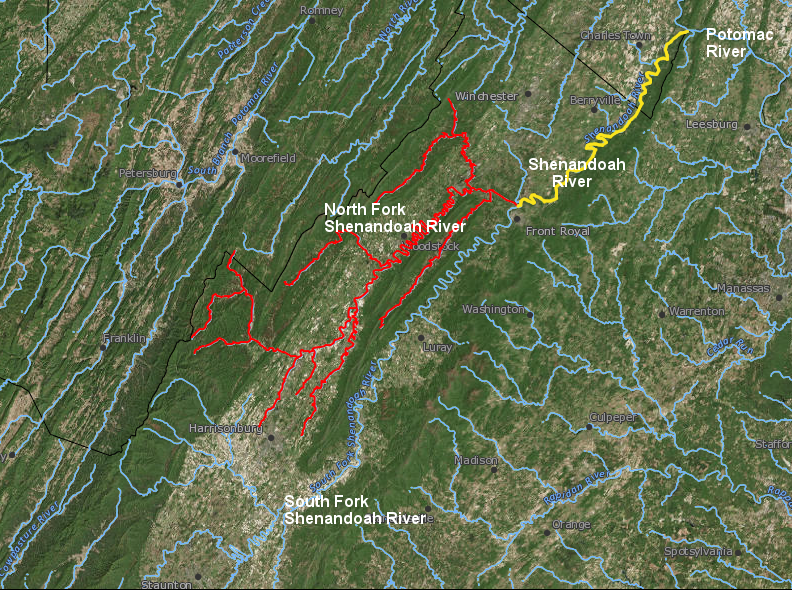 raindrops that fall in the watershed of the South Fork of the Shenandoah River will end up flowing down the main stem of the Shenandoah River between Front Royal and Harpers Ferry