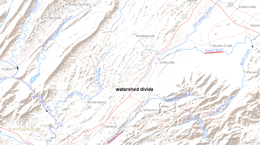 at the watershed divide separating the Shenandoah/James rivers, one South River flows south to the James River and a separate South River flows north to the Shenandoah River