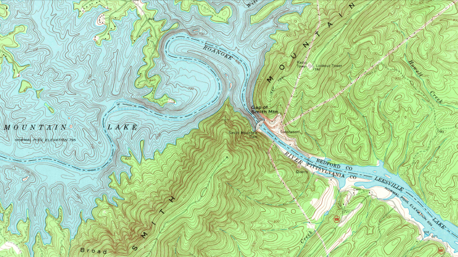 Smith Mountain Gap was plugged and Leesville Dam built downstream in 1963, to create a pair of lakes for a pumped storage hydropower project