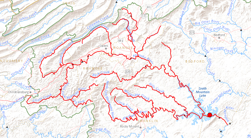 the headwaters of the Roanoke River are in the Valley and Ridge physiographic province