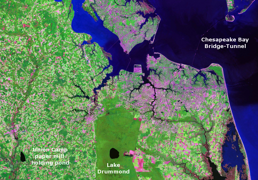 southeast Virginia, showing Lake Drummond and Union Camp holding ponds to west (at City of Franklin, near Blackwater River)