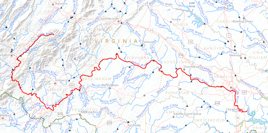 raindrops that flow down the South River into the Maury River will join the James River, and flow past Richmond on their trip to the Chesapeake Bay