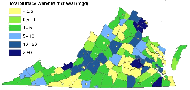 while groundwater withdrawals are concentrated in the Valley and Ridge and Coastal Plain physiographic provinces, surface water withdrawals are widespread in Appalachian Plateau and Piedmont