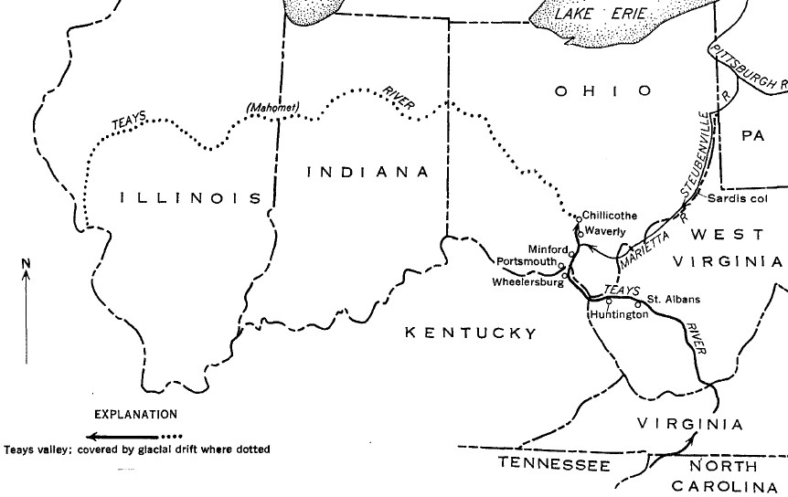 beyond the Ohio River, the old Teays River channel is largely buried under glacial silt
