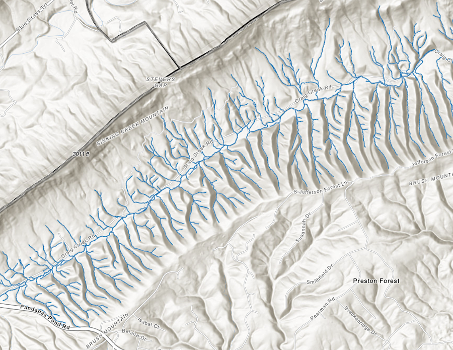 Craig Creek in Montgomery Couny has a trellis drainage pattern