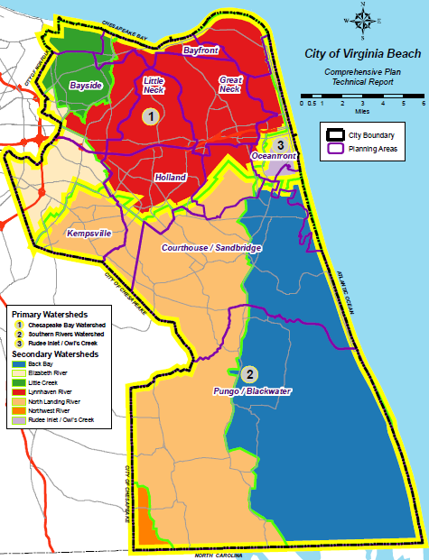 one-third of Virginia Beach is in the Chesapeake Bay Watershed, and no watersheds in the city drain into the Roanoke River