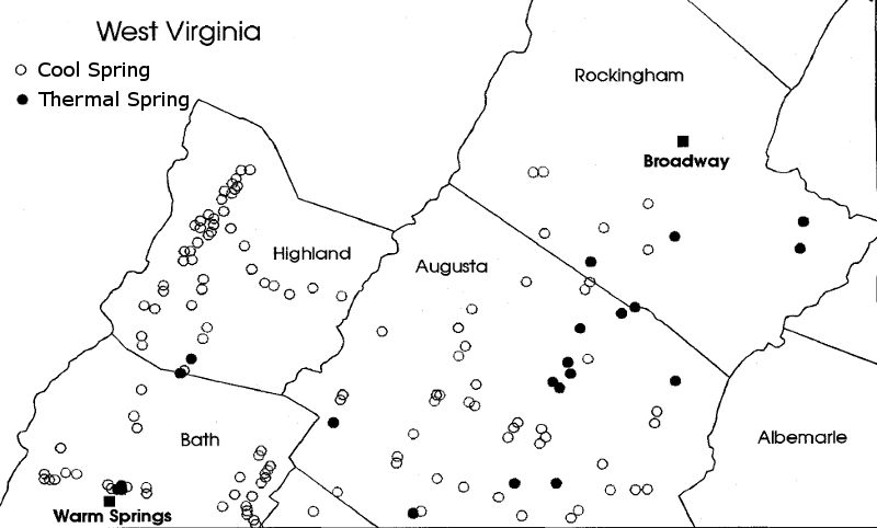 thermal and cool springs are intermixed in western Virginia; in most cases, groundwater does not circulate deep enough or return to the surface fast enough to retain geothermal heat