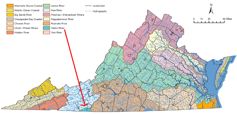 some rain falling in Virginia flows into the Yadkin River in North Carolina, finally reaching the Atlantic Ocean via the Pee Dee River in South Carolina