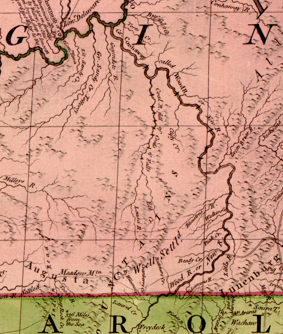 by 1755, it was clear that the Wood or New River stretched from south of the Virginia-North Carolina to the Ohio River